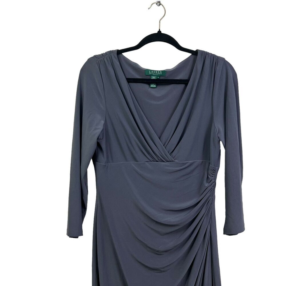 Lauren Ralph Lauren Womens Sheath Dress Plunge V Neck Ruched Stretch Gray Sz 10* - Picture 2 of 5